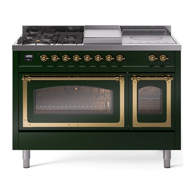 ILVE Nostalgie II Noblesse 48" Dual Fuel Freestanding Range in Emerald Green with Brass Trim, UN48FSNMPEGG