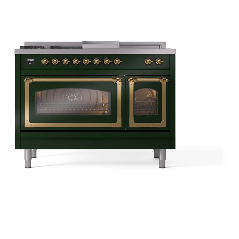 ILVE Nostalgie II Noblesse 48" Dual Fuel Freestanding Range in Emerald Green with Brass Trim, UN48FSNMPEGG