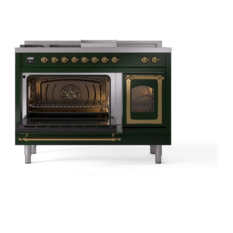 ILVE Nostalgie II Noblesse 48" Dual Fuel Freestanding Range in Emerald Green with Brass Trim, UN48FSNMPEGG