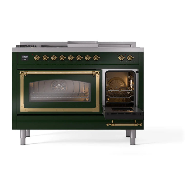 ILVE Nostalgie II Noblesse 48" Dual Fuel Freestanding Range in Emerald Green with Brass Trim, UN48FSNMPEGG