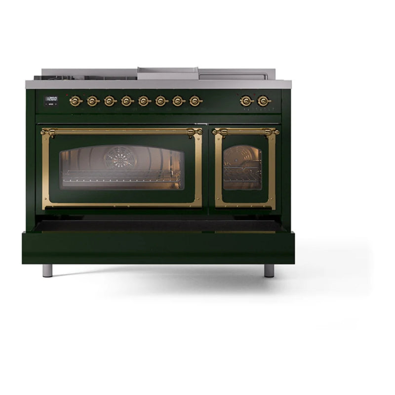 ILVE Nostalgie II Noblesse 48" Dual Fuel Freestanding Range in Emerald Green with Brass Trim, UN48FSNMPEGG