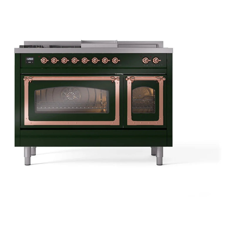 ILVE Nostalgie II Noblesse 48" Dual Fuel Freestanding Range in Emerald Green with Copper Trim, UN48FSNMPEGPLP