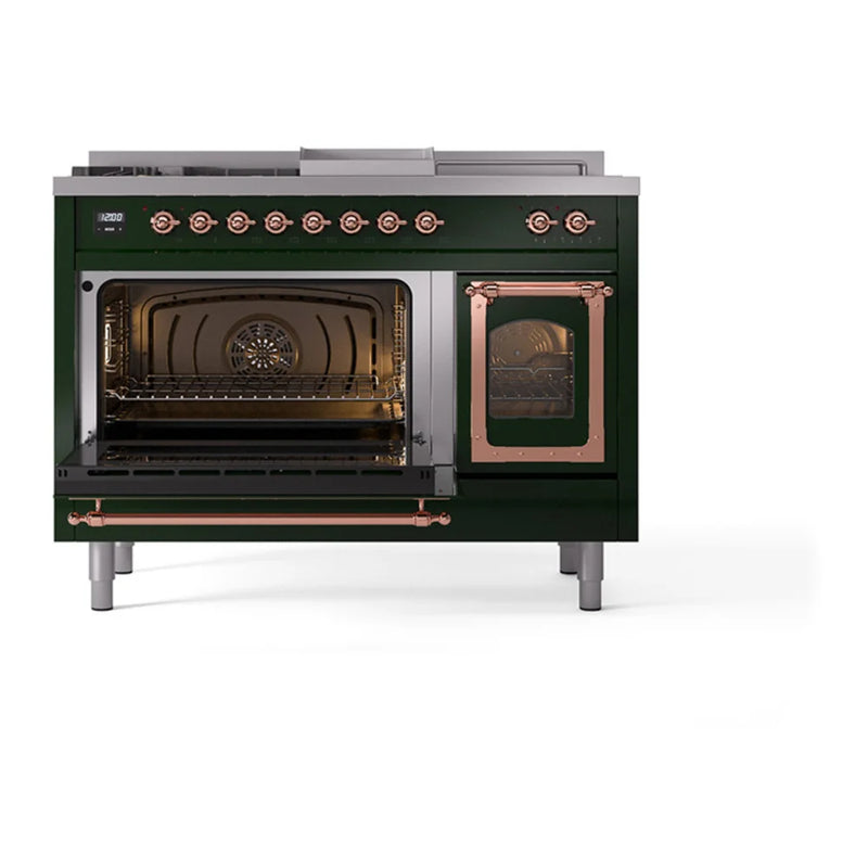 ILVE Nostalgie II Noblesse 48" Dual Fuel Freestanding Range in Emerald Green with Copper Trim, UN48FSNMPEGPLP