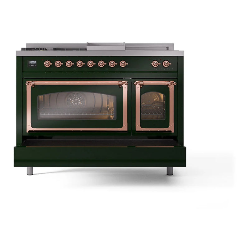 ILVE Nostalgie II Noblesse 48" Dual Fuel Freestanding Range in Emerald Green with Copper Trim, UN48FSNMPEGPLP