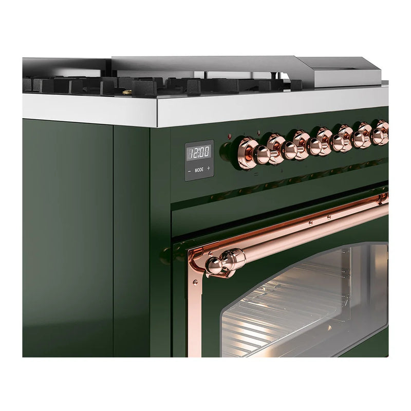 ILVE Nostalgie II Noblesse 48" Dual Fuel Freestanding Range in Emerald Green with Copper Trim, UN48FSNMPEGPLP