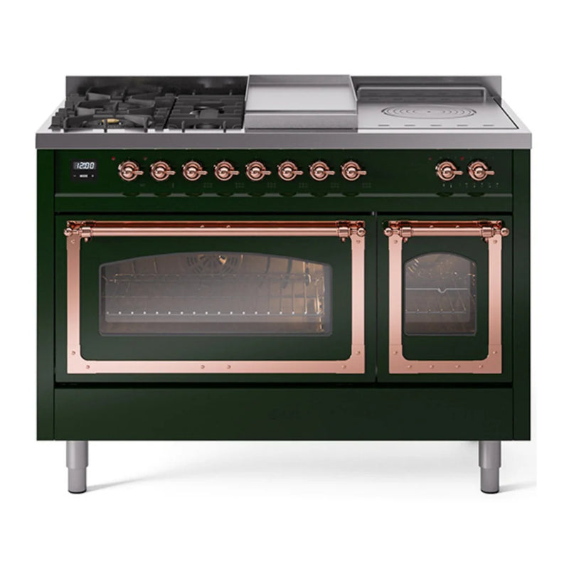 ILVE Nostalgie II Noblesse 48" Dual Fuel Freestanding Range in Emerald Green with Copper Trim, UN48FSNMPEGP