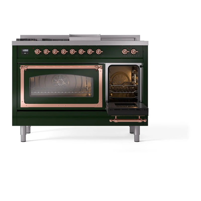 ILVE Nostalgie II Noblesse 48" Dual Fuel Freestanding Range in Emerald Green with Copper Trim, UN48FSNMPEGP