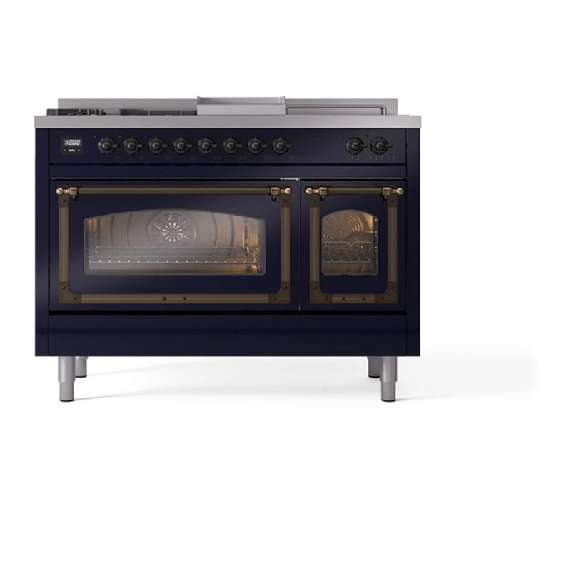 ILVE Nostalgie II Noblesse 48" Dual Fuel Freestanding Range in Midnight Blue with Burnished Trim, UN48FSNMPMBBLP
