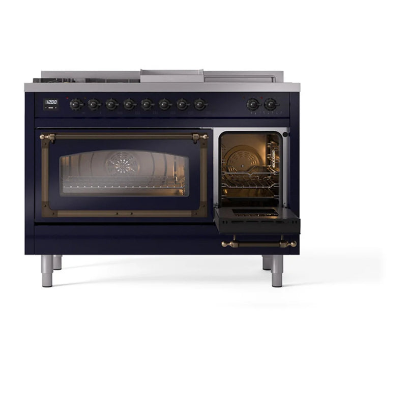 ILVE Nostalgie II Noblesse 48" Dual Fuel Freestanding Range in Midnight Blue with Burnished Trim, UN48FSNMPMBBLP