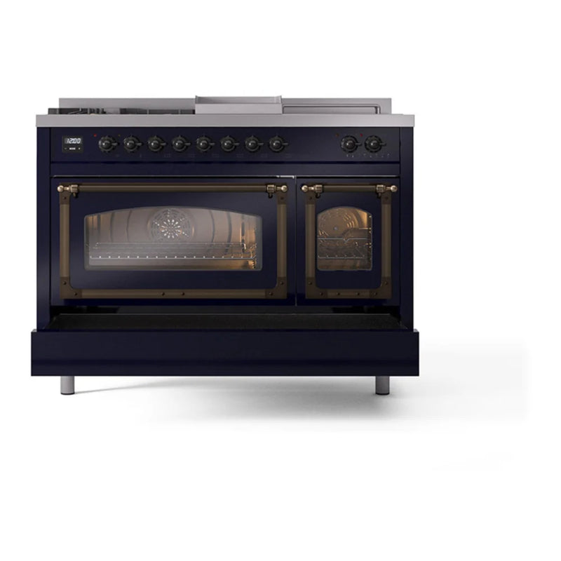 ILVE Nostalgie II Noblesse 48" Dual Fuel Freestanding Range in Midnight Blue with Burnished Trim, UN48FSNMPMBBLP