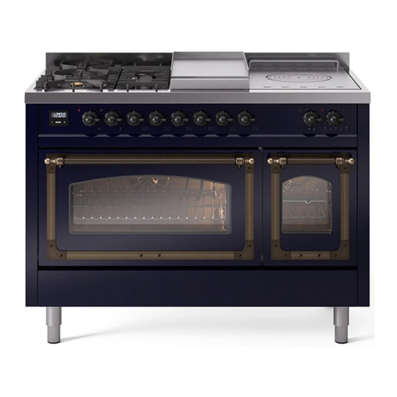 ILVE Nostalgie II Noblesse 48" Dual Fuel Freestanding Range in Midnight Blue with Burnished Trim, UN48FSNMPMBB