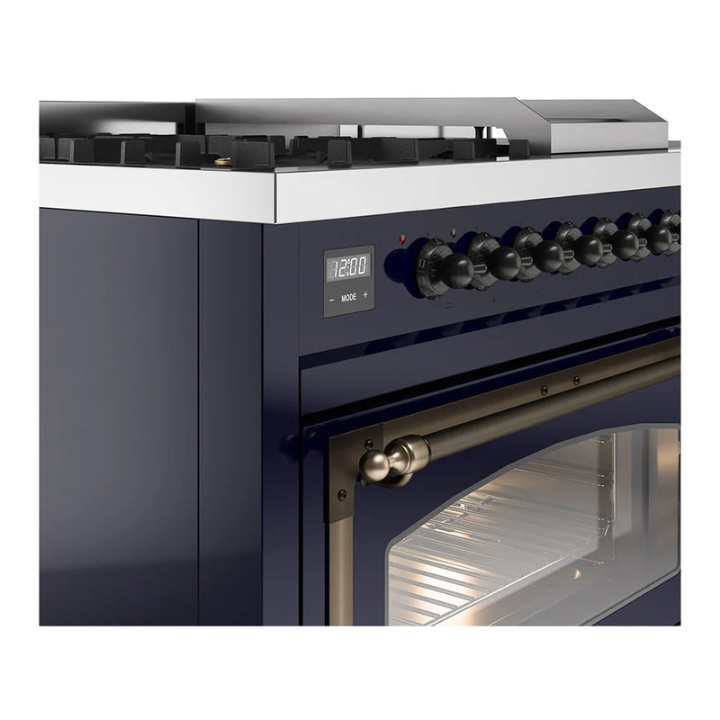 ILVE Nostalgie II Noblesse 48" Dual Fuel Freestanding Range in Midnight Blue with Burnished Trim, UN48FSNMPMBB