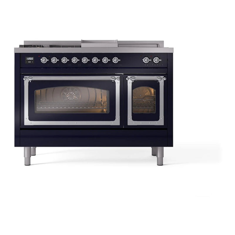 ILVE Nostalgie II Noblesse 48" Dual Fuel Freestanding Range in Midnight Blue with Chrome Trim, UN48FSNMPMBCLP