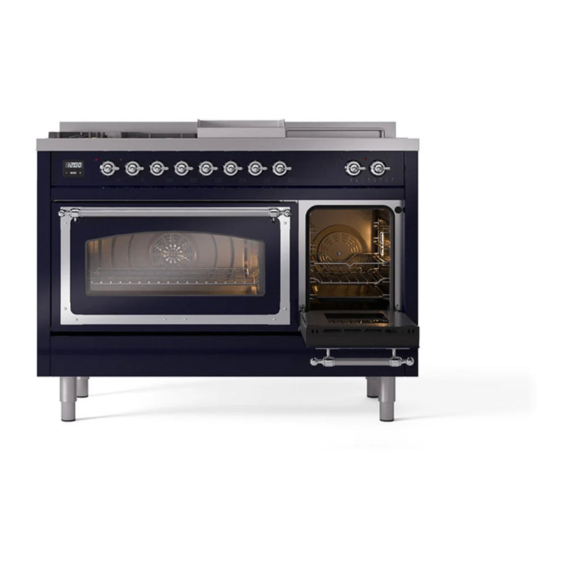 ILVE Nostalgie II Noblesse 48" Dual Fuel Freestanding Range in Midnight Blue with Chrome Trim, UN48FSNMPMBCLP
