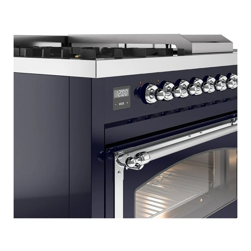 ILVE Nostalgie II Noblesse 48" Dual Fuel Freestanding Range in Midnight Blue with Chrome Trim, UN48FSNMPMBCLP