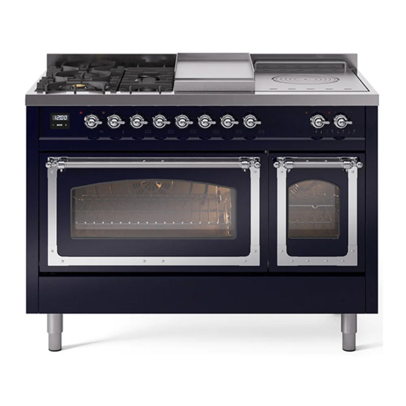 ILVE Nostalgie II Noblesse 48" Dual Fuel Freestanding Range in Midnight Blue with Chrome Trim, UN48FSNMPMBC