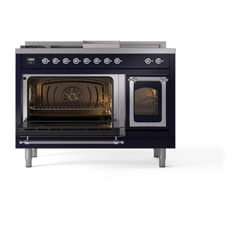 ILVE Nostalgie II Noblesse 48" Dual Fuel Freestanding Range in Midnight Blue with Chrome Trim, UN48FSNMPMBC