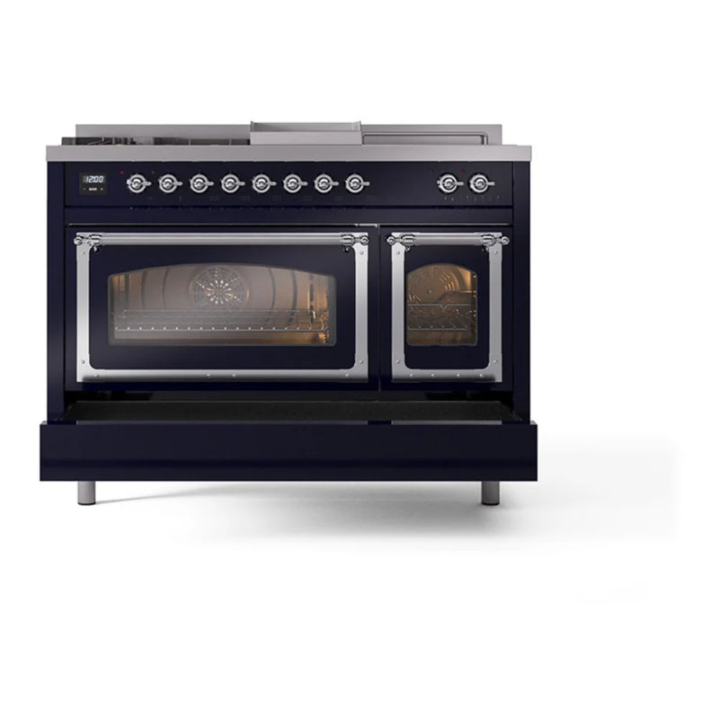 ILVE Nostalgie II Noblesse 48" Dual Fuel Freestanding Range in Midnight Blue with Chrome Trim, UN48FSNMPMBC