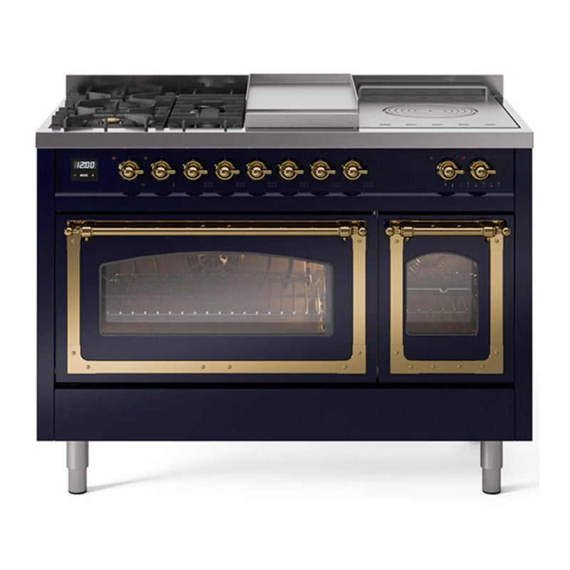 ILVE Nostalgie II Noblesse 48" Dual Fuel Freestanding Range in Midnight Blue with Brass Trim, UN48FSNMPMBGLP