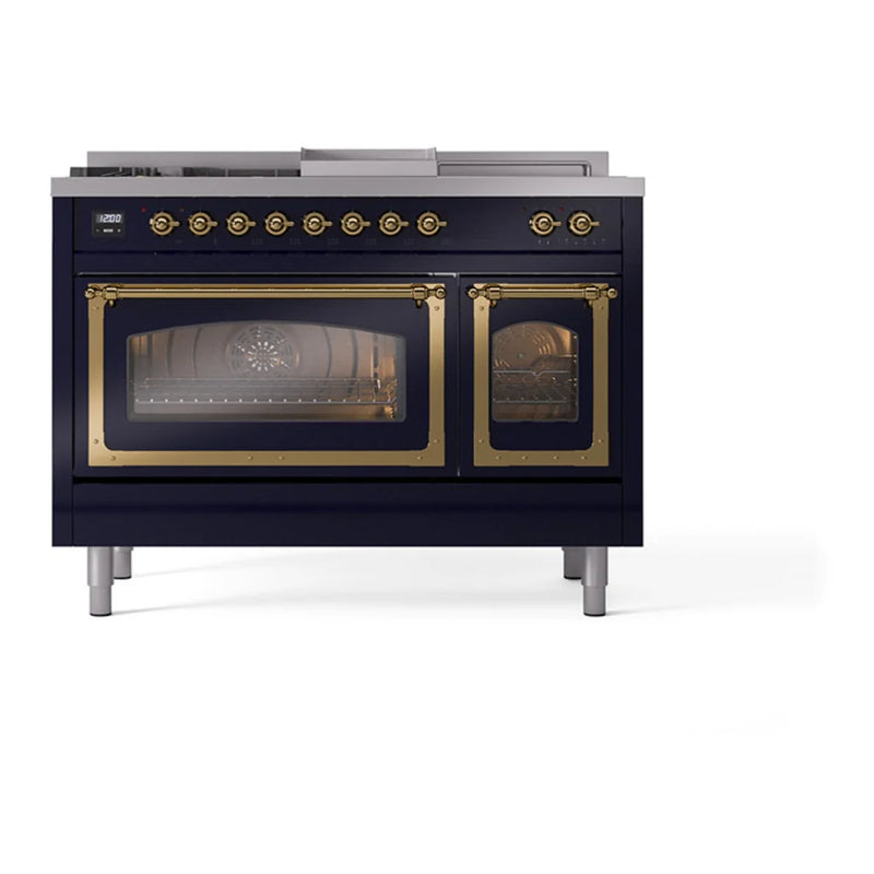 ILVE Nostalgie II Noblesse 48" Dual Fuel Freestanding Range in Midnight Blue with Brass Trim, UN48FSNMPMBGLP