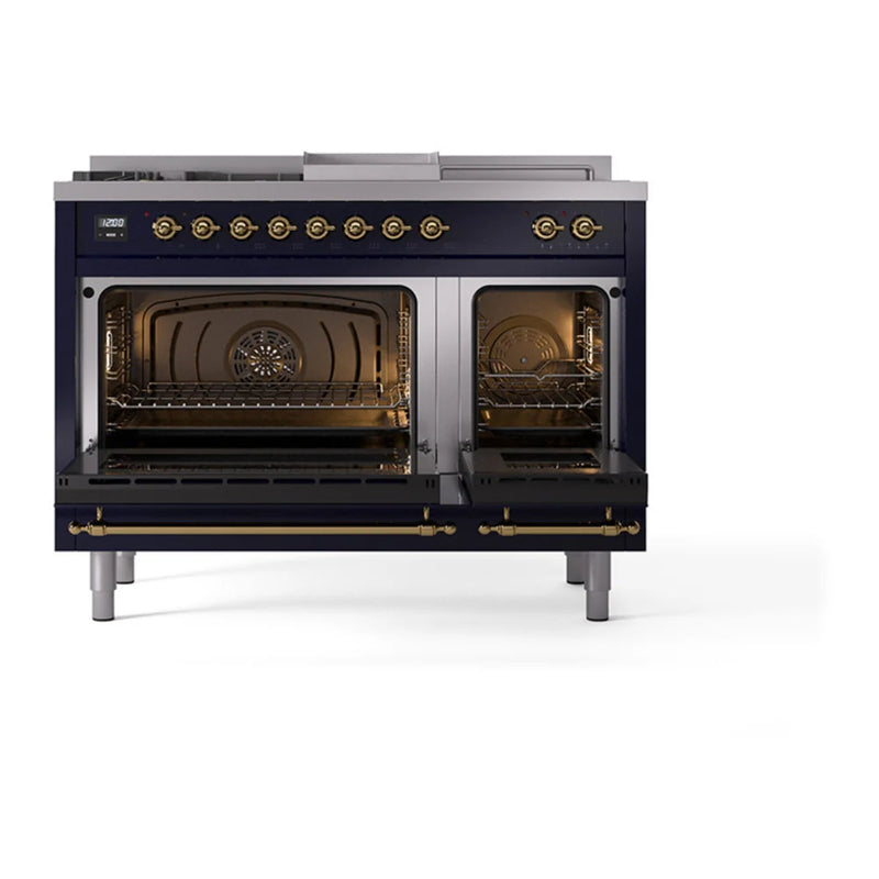 ILVE Nostalgie II Noblesse 48" Dual Fuel Freestanding Range in Midnight Blue with Brass Trim, UN48FSNMPMBGLP