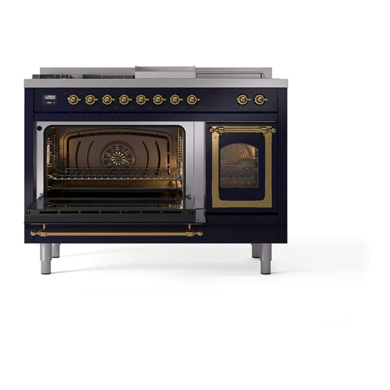 ILVE Nostalgie II Noblesse 48" Dual Fuel Freestanding Range in Midnight Blue with Brass Trim, UN48FSNMPMBGLP