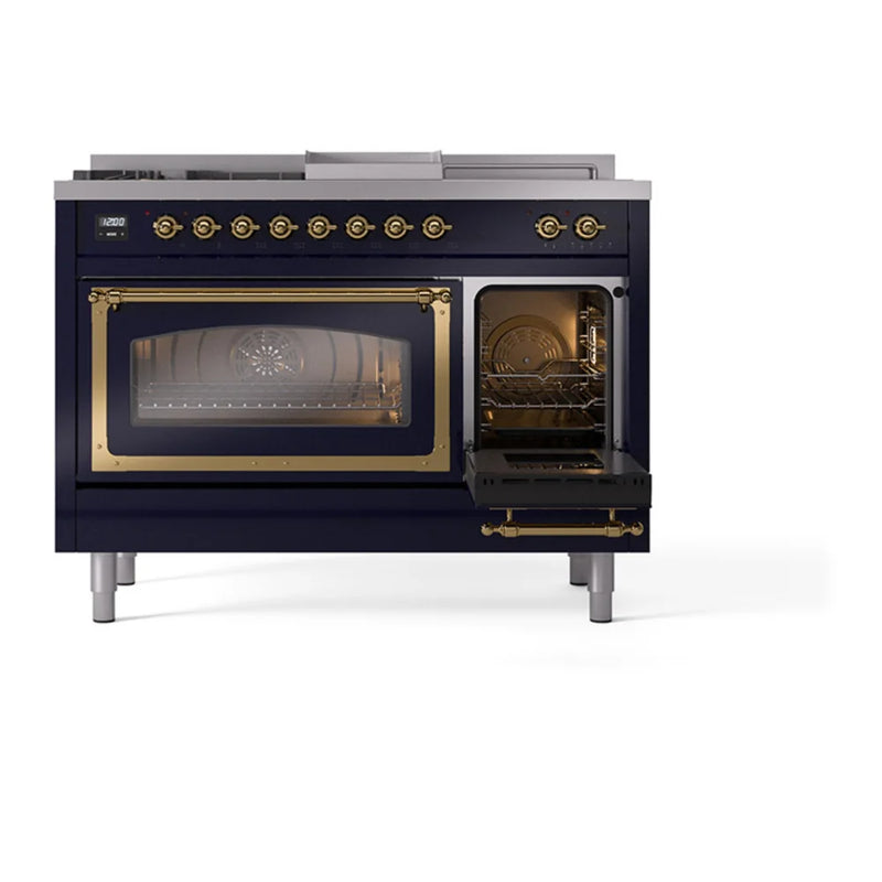 ILVE Nostalgie II Noblesse 48" Dual Fuel Freestanding Range in Midnight Blue with Brass Trim, UN48FSNMPMBGLP