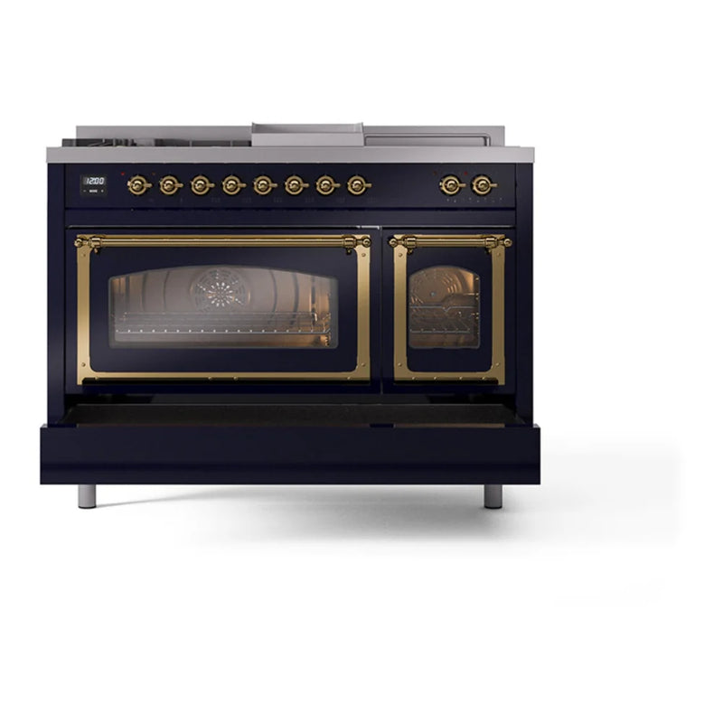 ILVE Nostalgie II Noblesse 48" Dual Fuel Freestanding Range in Midnight Blue with Brass Trim, UN48FSNMPMBGLP