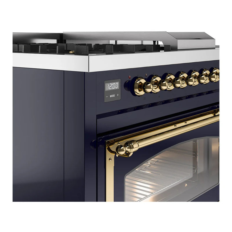 ILVE Nostalgie II Noblesse 48" Dual Fuel Freestanding Range in Midnight Blue with Brass Trim, UN48FSNMPMBGLP