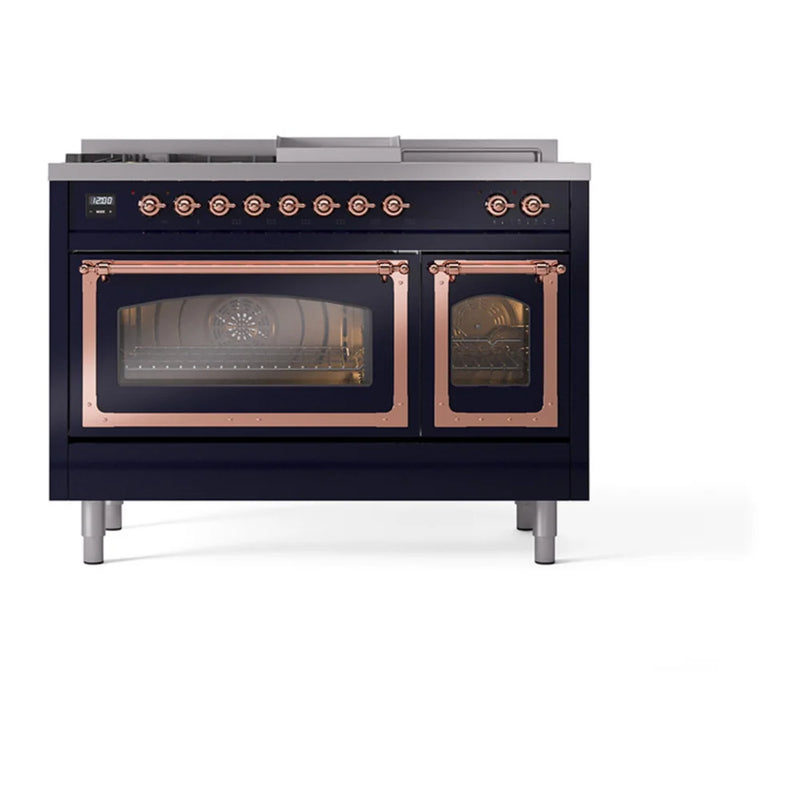 ILVE Nostalgie II Noblesse 48" Dual Fuel Freestanding Range in Midnight Blue with Copper Trim, UN48FSNMPMBPLP