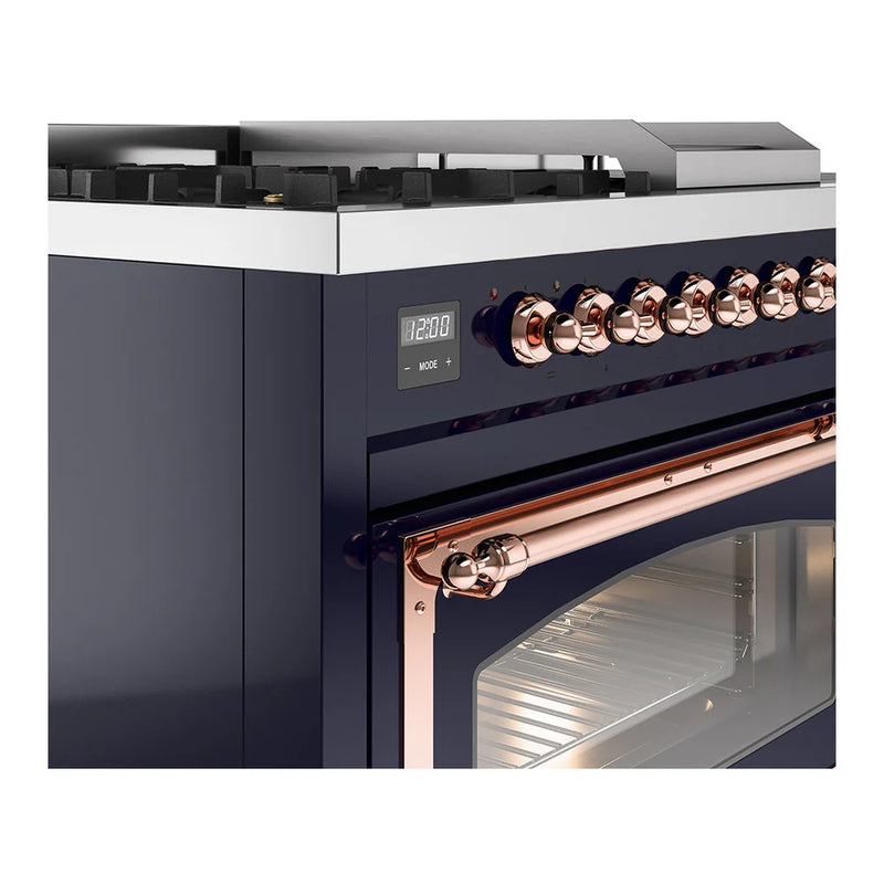 ILVE Nostalgie II Noblesse 48" Dual Fuel Freestanding Range in Midnight Blue with Copper Trim, UN48FSNMPMBPLP