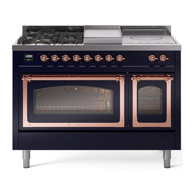 ILVE Nostalgie II Noblesse 48" Dual Fuel Freestanding Range in Midnight Blue with Copper Trim, UN48FSNMPMBP