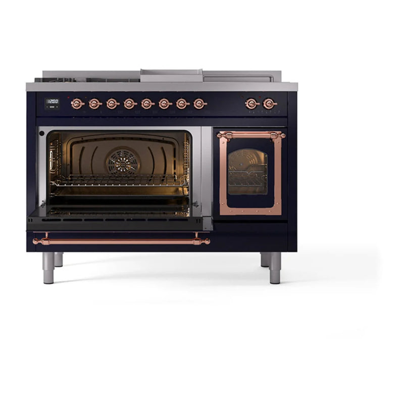 ILVE Nostalgie II Noblesse 48" Dual Fuel Freestanding Range in Midnight Blue with Copper Trim, UN48FSNMPMBP