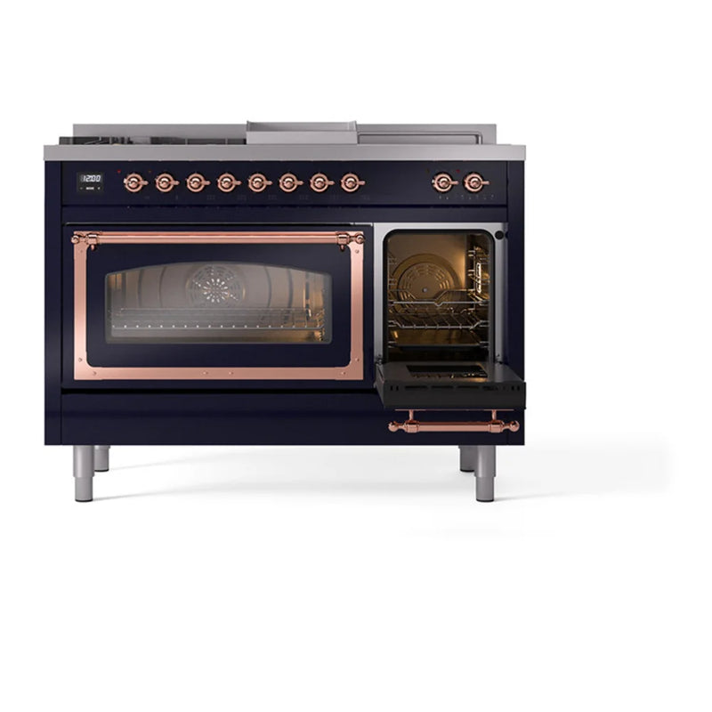 ILVE Nostalgie II Noblesse 48" Dual Fuel Freestanding Range in Midnight Blue with Copper Trim, UN48FSNMPMBP