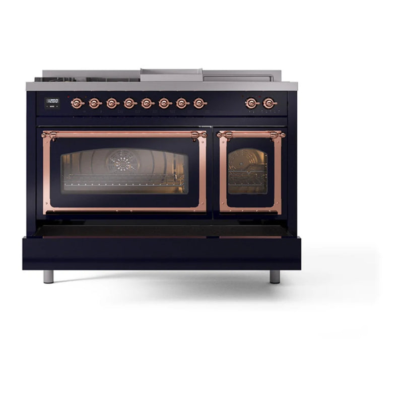 ILVE Nostalgie II Noblesse 48" Dual Fuel Freestanding Range in Midnight Blue with Copper Trim, UN48FSNMPMBP