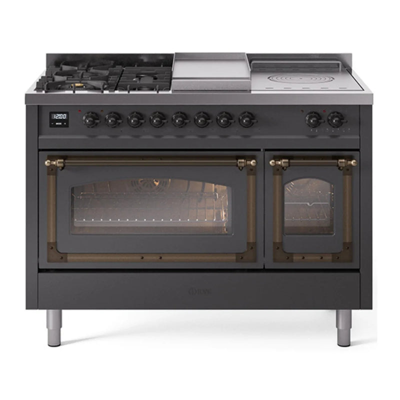ILVE Nostalgie II Noblesse 48" Dual Fuel Freestanding Range in Graphite Matte with Burnished Trim, UN48FSNMPMGBLP