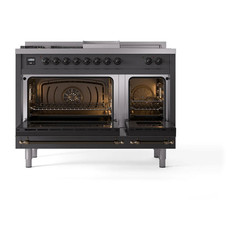 ILVE Nostalgie II Noblesse 48" Dual Fuel Freestanding Range in Graphite Matte with Burnished Trim, UN48FSNMPMGBLP