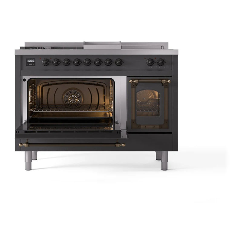 ILVE Nostalgie II Noblesse 48" Dual Fuel Freestanding Range in Graphite Matte with Burnished Trim, UN48FSNMPMGBLP