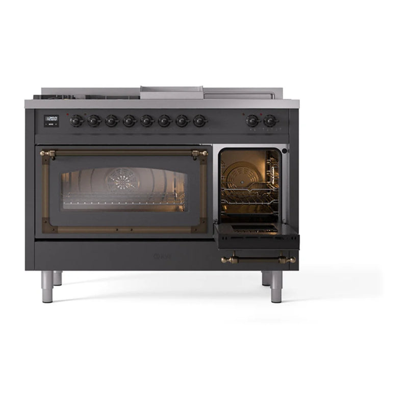 ILVE Nostalgie II Noblesse 48" Dual Fuel Freestanding Range in Graphite Matte with Burnished Trim, UN48FSNMPMGBLP