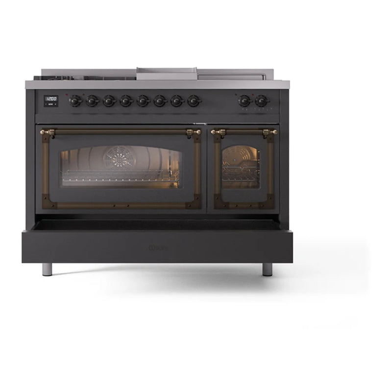 ILVE Nostalgie II Noblesse 48" Dual Fuel Freestanding Range in Graphite Matte with Burnished Trim, UN48FSNMPMGBLP