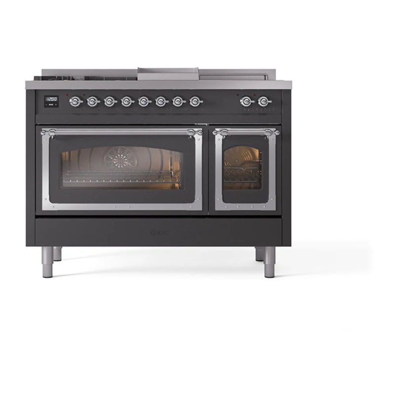 ILVE Nostalgie II Noblesse 48" Dual Fuel Freestanding Range in Graphite Matte with Chrome Trim, UN48FSNMPMGCLP