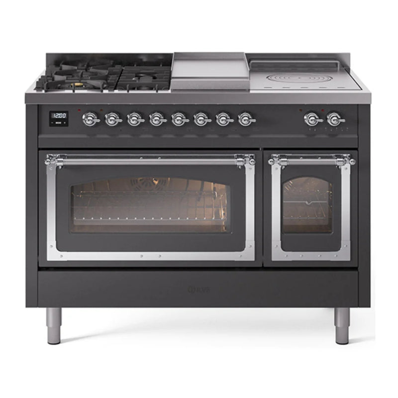 ILVE Nostalgie II Noblesse 48" Dual Fuel Freestanding Range in Graphite Matte with Chrome Trim, UN48FSNMPMGC