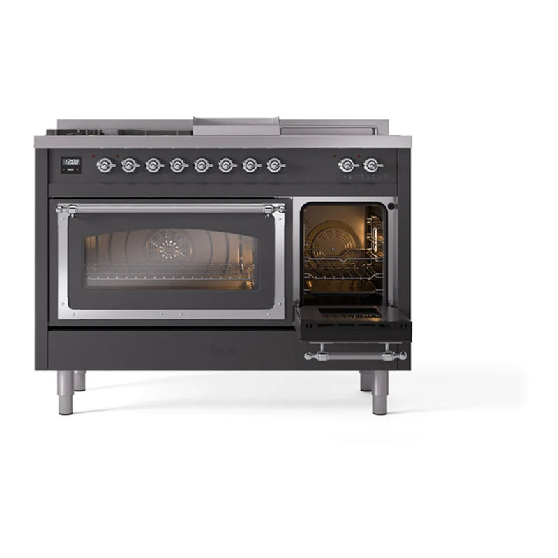 ILVE Nostalgie II Noblesse 48" Dual Fuel Freestanding Range in Graphite Matte with Chrome Trim, UN48FSNMPMGC