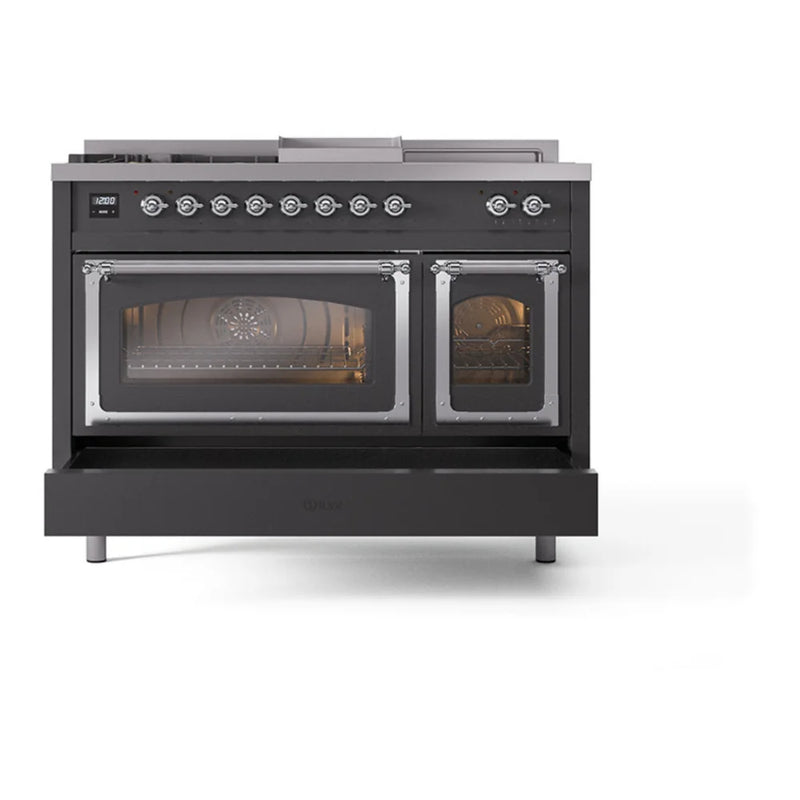 ILVE Nostalgie II Noblesse 48" Dual Fuel Freestanding Range in Graphite Matte with Chrome Trim, UN48FSNMPMGC