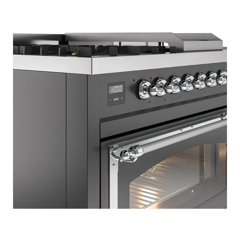 ILVE Nostalgie II Noblesse 48" Dual Fuel Freestanding Range in Graphite Matte with Chrome Trim, UN48FSNMPMGC