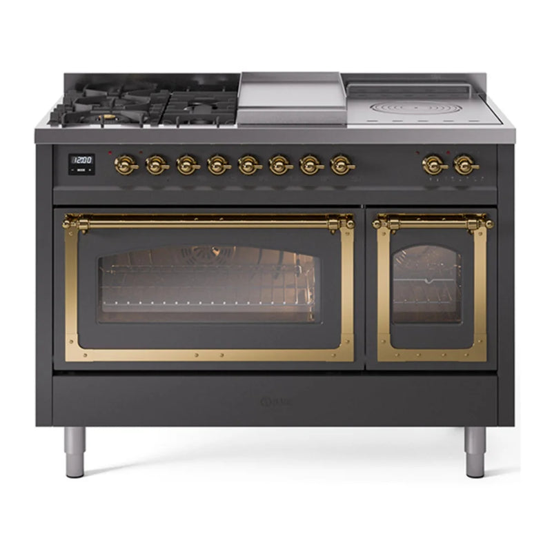 ILVE Nostalgie II Noblesse 48" Dual Fuel Freestanding Range in Graphite Matte with Brass Trim, UN48FSNMPMGGLP