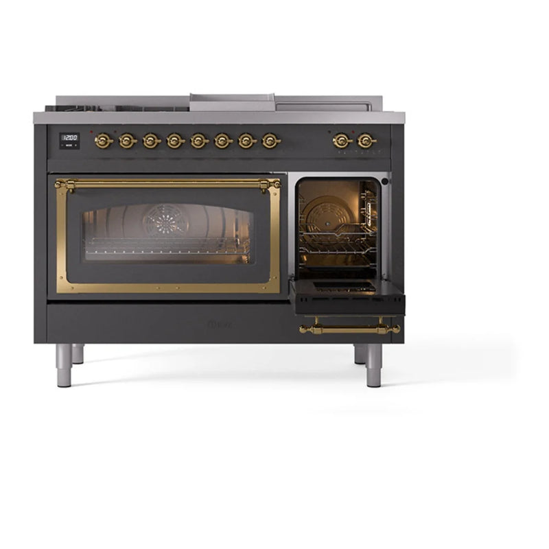 ILVE Nostalgie II Noblesse 48" Dual Fuel Freestanding Range in Graphite Matte with Brass Trim, UN48FSNMPMGGLP