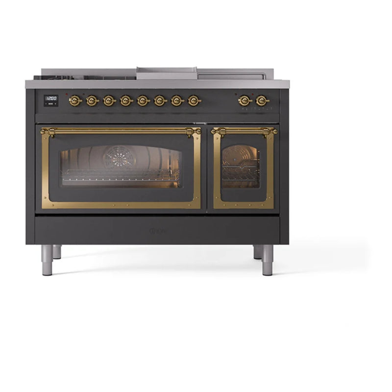 ILVE Nostalgie II Noblesse 48" Dual Fuel Freestanding Range in Graphite Matte with Brass Trim, UN48FSNMPMGG