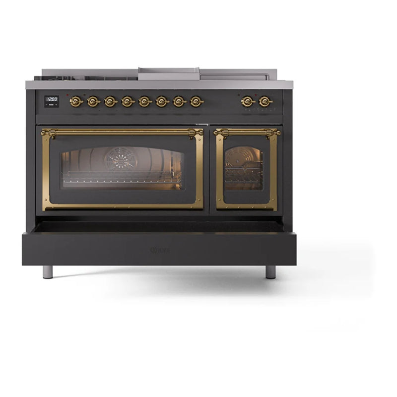 ILVE Nostalgie II Noblesse 48" Dual Fuel Freestanding Range in Graphite Matte with Brass Trim, UN48FSNMPMGG