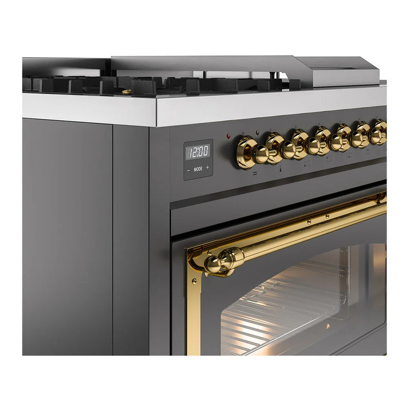 ILVE Nostalgie II Noblesse 48" Dual Fuel Freestanding Range in Graphite Matte with Brass Trim, UN48FSNMPMGG